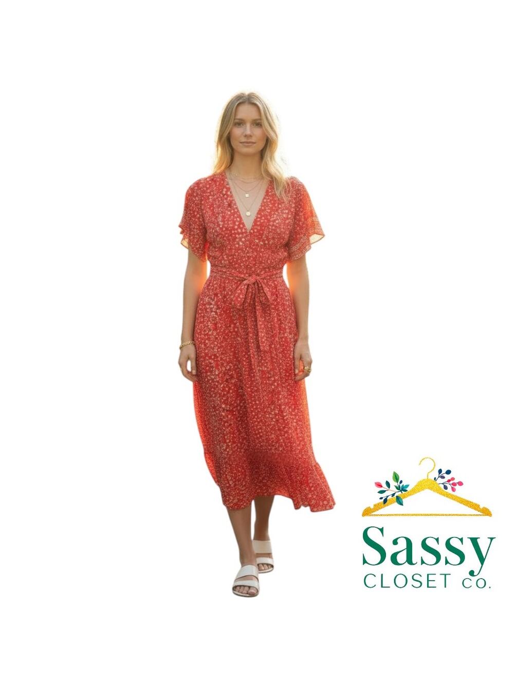 ✨ MAX STUDIO Red Floral Cap Sleeve Midi Dress L V-Neck Resort EUC 💃